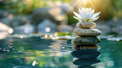 Obraz premium Spa stone with white flowers background. Stack of stones in calm water with lotus flower