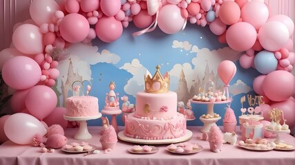 Aesthetic pink princess children's party, party inspired by children's stories with balloons and cake, created