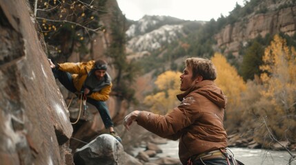 Two rock climbers navigate a challenging vertical ascent amid a scenic autumn landscape with mountains and trees in the background.