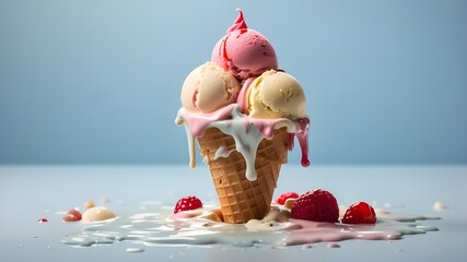 Ice cream melting in the middle of summer, plain background