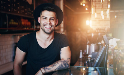 Happy, coffee shop and portrait of man in cafe ready for serving caffeine, drinks and beverage for...