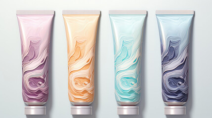 Fototapeta premium colorful tubes with abstract wave patterns on a light background, showcasing modern and creative packaging design. 