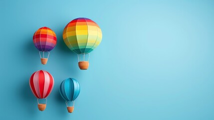 Obraz premium rainbow Miniature hot air balloons, blank space, minimalism, negative space, background wallpaper template, pride month LGBTQIA theme