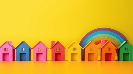 Fototapeta premium rainbow Miniature houses, blank space, minimalism, negative space, background wallpaper template, pride month LGBTQIA theme