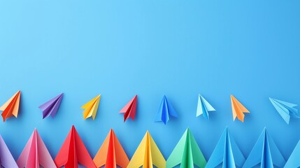 Fototapeta premium rainbow Paper airplanes, blank space, minimalism, negative space, background wallpaper template, pride month LGBTQIA theme