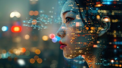 Double exposure of a woman's face and a cityscape with digital data patterns, symbolizing technology and connectivity.