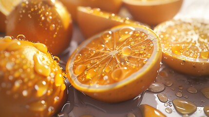 Bring the tangy sweetness of ripe oranges to life with a hyper-realistic 3D render Show intricate details like dew drops on the shiny peel