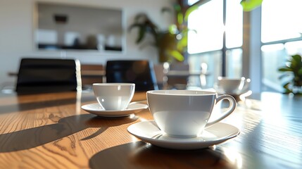A conference room with 3 white tea cups on a wooden table. The background is blurred. The prompt is 180 characters.