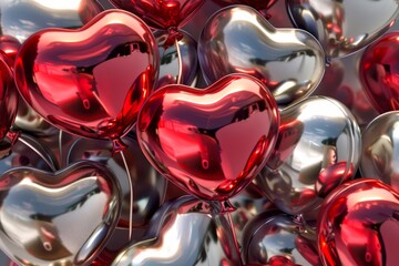 Close-up of reflective heart balloons - An intricately detailed close-up of shiny heart-shaped...