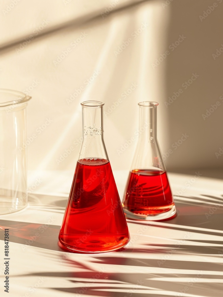 Poster laboratory flasks with red liquid - two conical laboratory flasks containing red liquid highlighted 