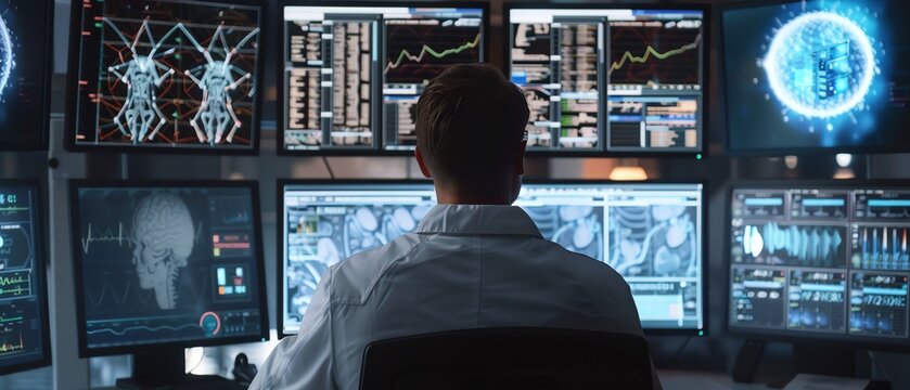 A male doctor in a white coat is sitting in a dark room, surrounded by computer screens