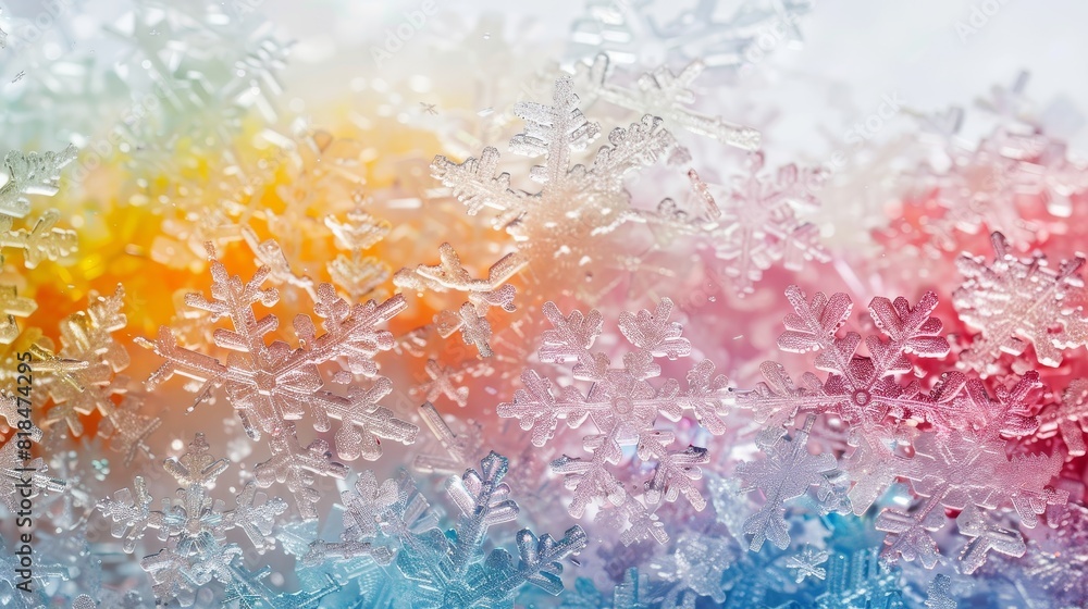 Poster colorful snowflake macro close-up - vibrant image showing a close-up of snowflakes with a colorful g