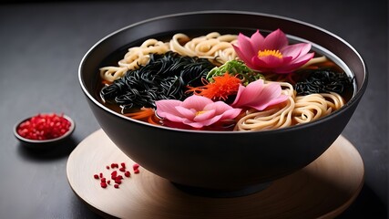 Noodle soup with lotus flower and red tuna in miso soy sauce with beet seaweed,