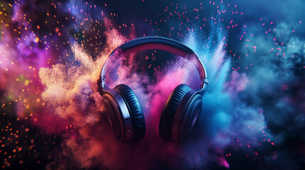 Striking image of headphones suspended against a backdrop of vivid, exploding neon colors, emanating a sense of dynamic movement and energy
