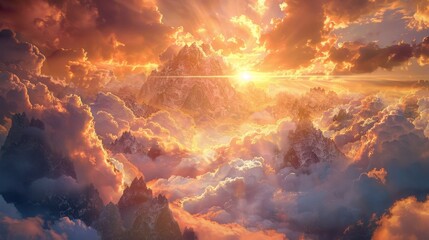 Fototapeta premium Dramatic mountain sunrise in clouds - A stunning sunrise scene with sunbeams bursting through clouds above mountain peaks