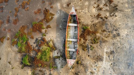 An old, weathered rowboat rests on a muddy shore, surrounded by patches of seaweed and vegetation,...