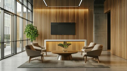 Wooden office waiting room with armchairs and TV, 3D rendering