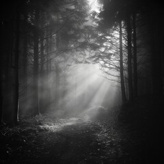 Naklejka premium A black-and-white photo of a foggy forest path with light filtering through the trees, creating a mysterious atmosphere.