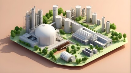 3D illustration Manufacture zero emissions isometric, sustainable company without carbon footprint,...