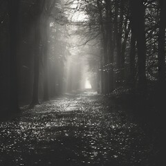 Naklejka premium A black-and-white photo of a foggy forest path with light filtering through the trees, creating a mysterious atmosphere.