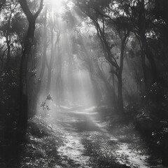 A black-and-white photo of a foggy forest path with light filtering through the trees, creating a mysterious atmosphere.