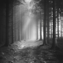 Naklejka premium A black-and-white photo of a foggy forest path with light filtering through the trees, creating a mysterious atmosphere.