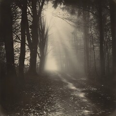 Fototapeta premium A black-and-white photo of a foggy forest path with light filtering through the trees, creating a mysterious atmosphere.