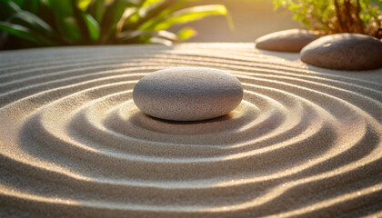 Zen garden with round stone in meticulously raked sand, epitomizing tranquility and mindfulness, perfect for spa relaxation