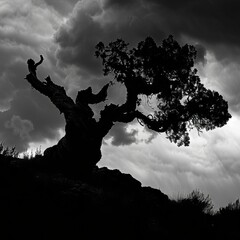 A monochromatic photo of an ancient, gnarled tree with its twisted branches silhouetted against a cloudy sky.