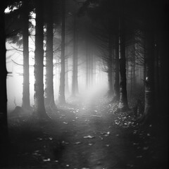 Obraz premium A black-and-white photo of a foggy forest path with light filtering through the trees, creating a mysterious atmosphere.