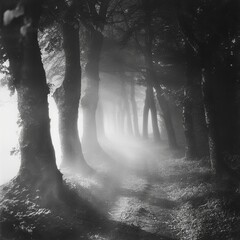Obraz premium A black-and-white photo of a foggy forest path with light filtering through the trees, creating a mysterious atmosphere.