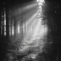 A black-and-white photo of a foggy forest path with light filtering through the trees, creating a mysterious atmosphere.