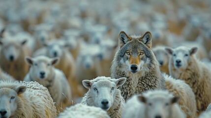 a wolf hiding among a flock of sheep leading the way or waiting for the right moment to act concept of identity and difference of being unique among others.llustration graphic