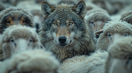 a wolf hiding among a flock of sheep leading the way or waiting for the right moment to act concept of identity and difference of being unique among others.illustration