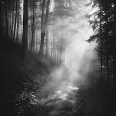 A black-and-white photo of a foggy forest path with light filtering through the trees, creating a mysterious atmosphere.