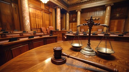 Wooden judge gavel and Scales of Justice in the Court Hall. Law concept of Judiciary, Jurisprudence and Justice