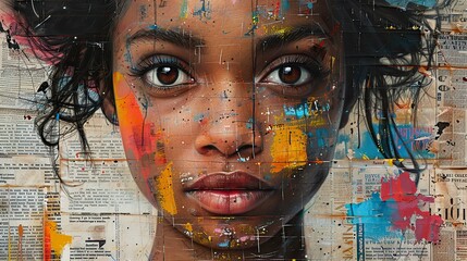 graffiti collage of grunge newspapers and multicolored painting splash illustration of an african woman with a dreamy expression urban graphic artwork street art mixed media.stock photo