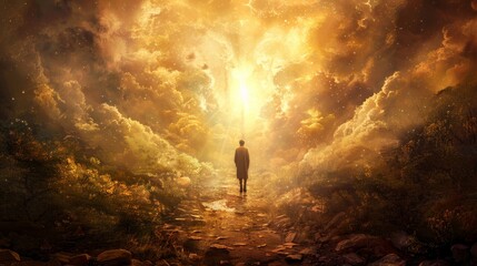 Man walking towards light in surreal landscape - A digital artwork of a man walking towards a bright light on a pathway through a mystical, fiery landscape