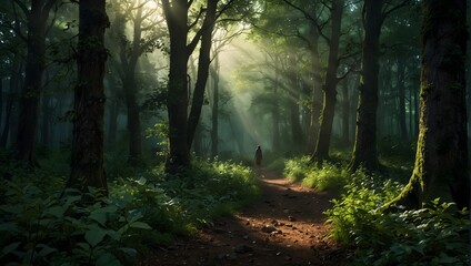 Obraz premium In a forest where green magic whispers through the leaves, a curious wanderer must unlock its secrets to save their enchanted homeland ai_generated