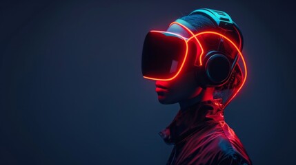 Faceless futurist with neon light accents standing on a minimal black background with blank space for text