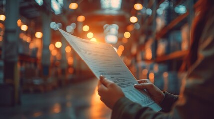 Closeup hand holding document in a warehouse with bright lights in background