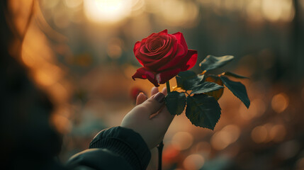 A person's hand is holding a rose, the details of the beautiful flower petals are clearly visible, Ai generated Images