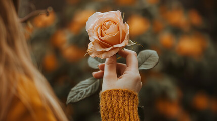 A person's hand is holding a rose, the details of the beautiful flower petals are clearly visible, Ai generated Images