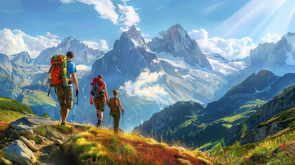 Mountain travel hike people adventure man summer journey tourism group sunset trekking. Hike travel woman mountain walk active backpack nature together sport young trail outdoor tourist hiker person