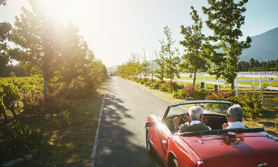 Couple, convertible and driving road trip or travel journey to California vineyard, adventure or...
