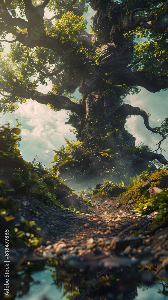 Poster enchanted forest pathway under a giant tree - an enchanting pathway meanders under a colossal tree b