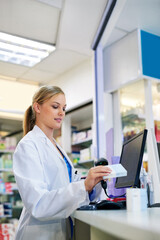 Pharmacy, product and scanning medicine in shop with barcode, label or drugs for healthcare. Store,...