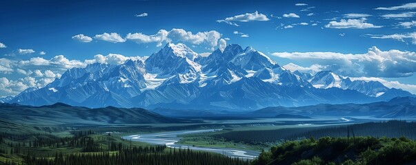 A majestic mountain range, with snow-capped peaks towering against a deep blue sky, surrounded by dense forests and meandering rivers - Powered by Adobe