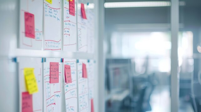 Whiteboard with sticky notes and task lists, reflecting organized project management and collaborative work in a modern office setting.