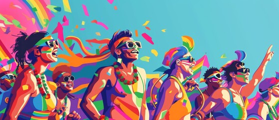 Celebrating Diversity: Vibrant Pride Parade Illustration with Colorful Costumes and Copy Space